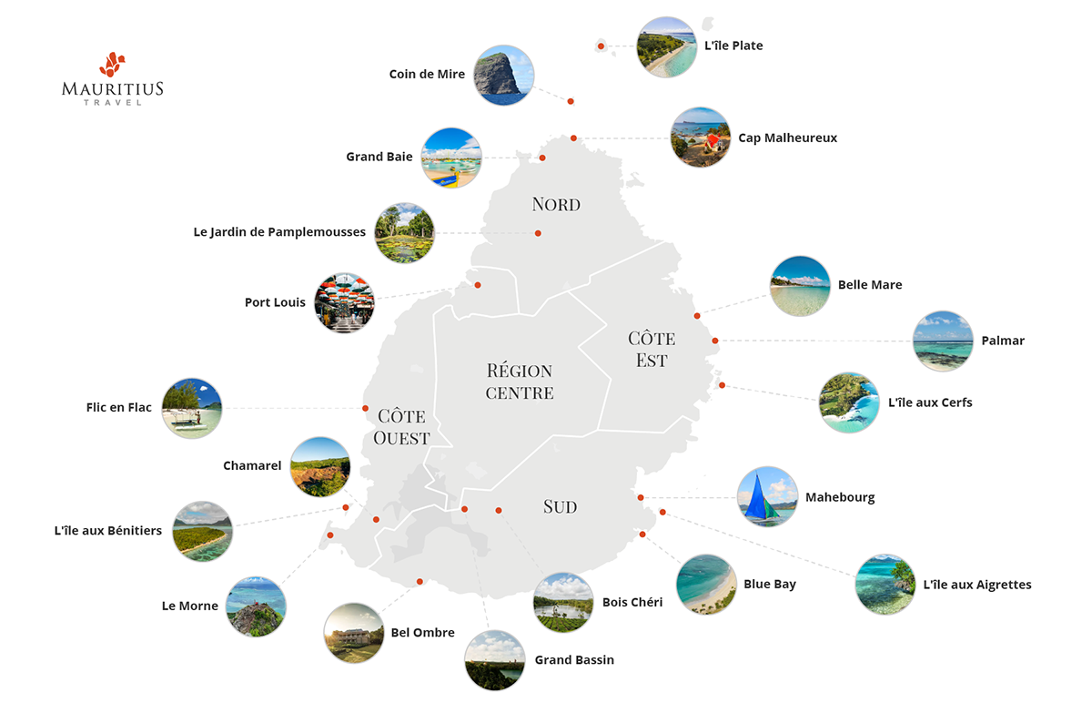 Carte des régions et des sites incontournables de l'île Maurice